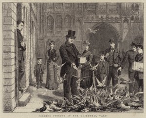 Nourrir les pigeons dans la cour du Guildhall - George Goodwin Kilburne